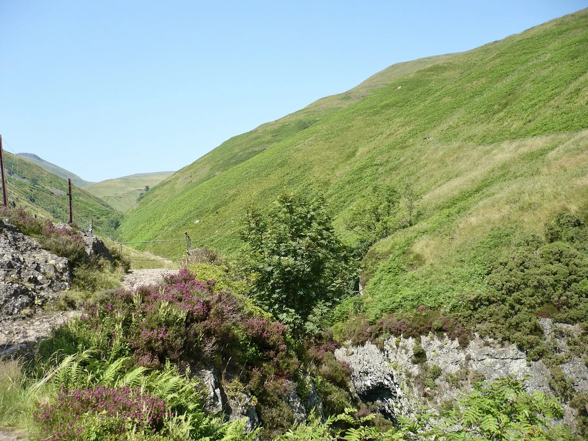 Heather and green hillsides beside the rocky path through Alva Glen under a clear blue sky
